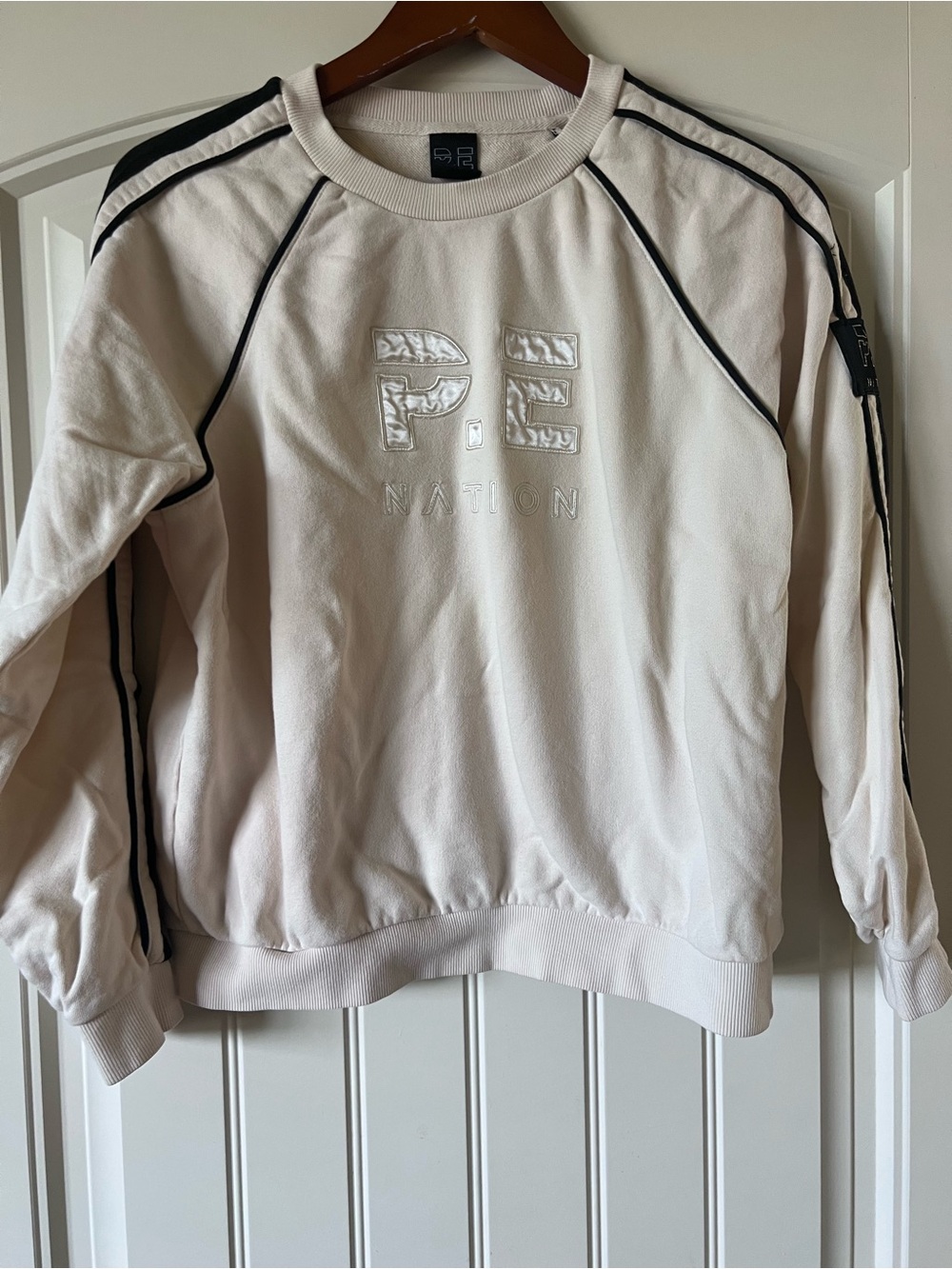 P.E Nation Cream Crewneck Sweatshirt with Black Piping
